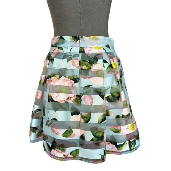 Women’s Skirt PAPAYA Blue Multicolor Mesh Striped Mini Skirt Floral Skater Skirt - Picture 4 of 6
